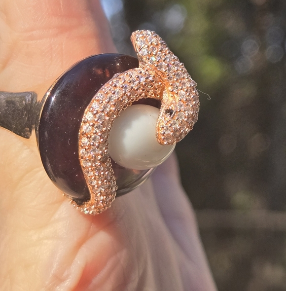 White Sapphire Black Onyx Blown Glass Sterling & Gold Snake Statement Ring Sz8.7 - Picture 10 of 13